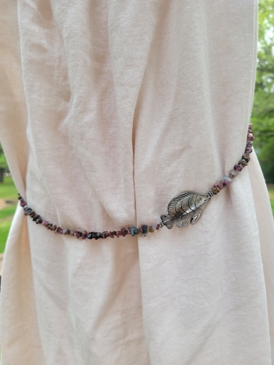 Sterling-Tone Fish Pendant Belt or Necklace with Multicolor Tourmaline Chips - Picture 6 of 6